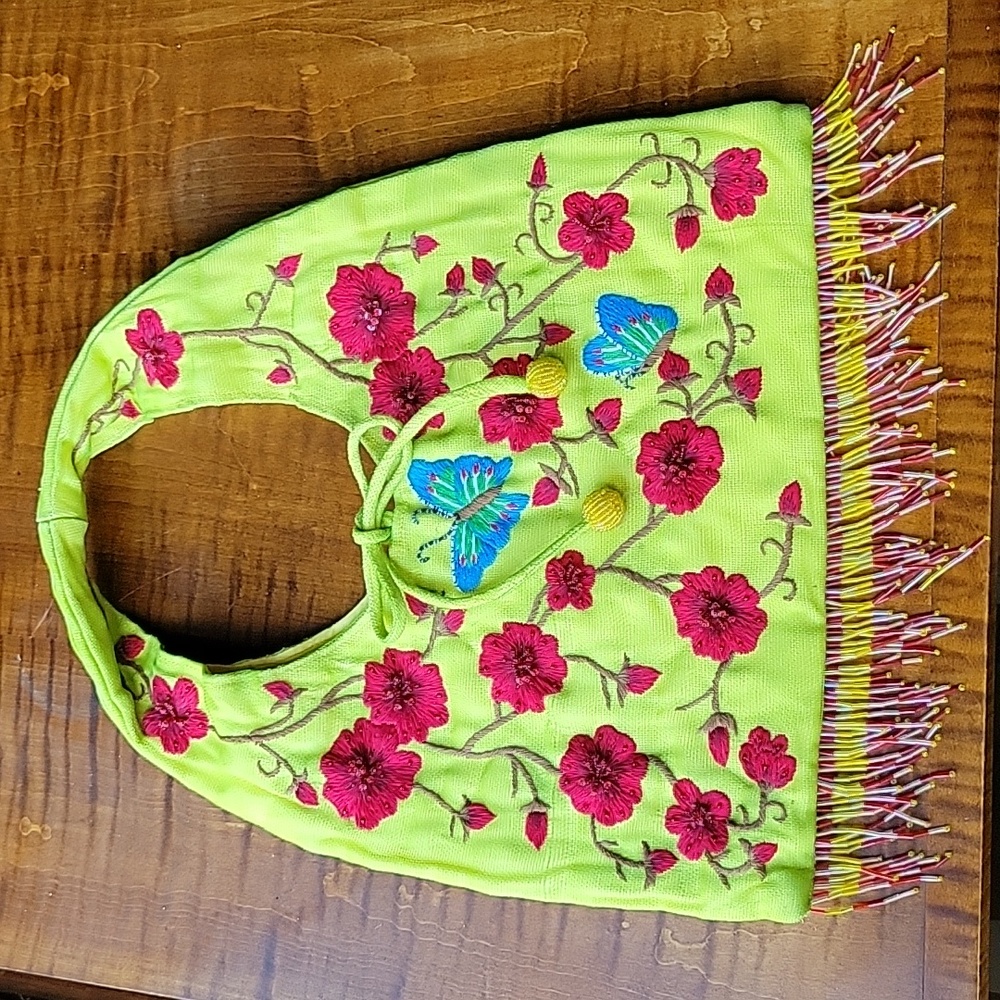ANTHRO EMBROIDERED POPPY BEAD FRINGE BAG